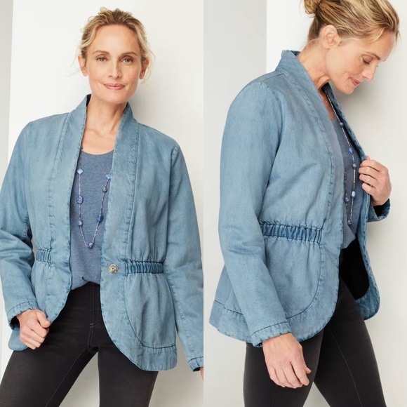 J. Jill Indigo Moonstone Light Wash Padded Denim Blazer Jacket Petite Medium - Picture 6 of 7